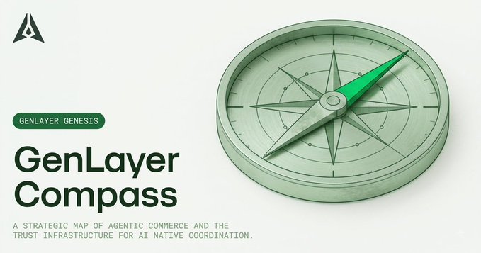 A green 3D compass graphic is displayed for 'GenLayer Genesis' with the title 'GenLayer Compass' and a subtitle about 'agentic commerce and the trust infrastructure for AI native coordination'.