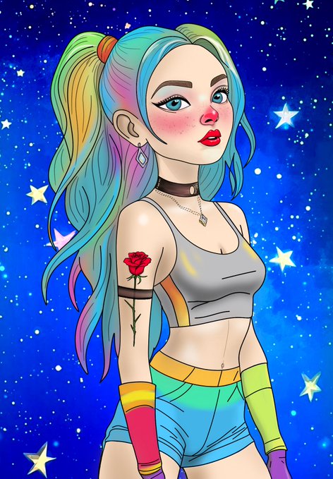 A digital illustration of a stylized young woman with rainbow-colored hair in a ponytail, wearing a cropped tank top, colorful shorts, and rainbow arm warmers, set against a starry blue cosmic background; she has a red rose tattoo on her upper arm. The artwork complements the post introducing "Nova Rose," part of a "GM Family" NFT collection, with the rose tattoo tying directly to her name.