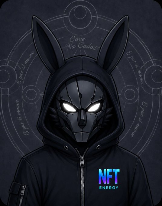 A digital illustration of a mysterious hooded figure wearing a glowing-eyed metallic mask resembling a rabbit, branded with the 'NFT ENERGY' logo and surrounded by arcane symbols.