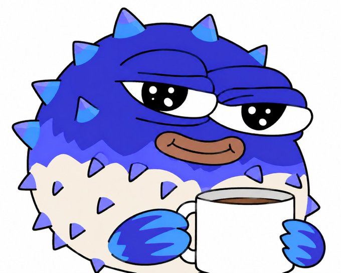 A blue and white cartoon monster with spikes and sleepy-looking eyes holds a white mug filled with a brown beverage.