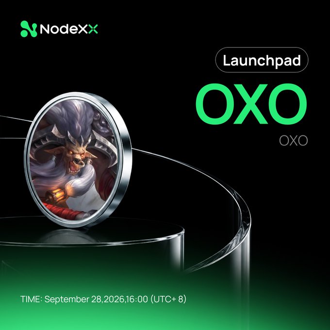 The image is a promotional banner for the NodeXX Launchpad featuring the OXO token (depicted as a bull/minstrel character in a coin frame), announcing the launch from September 28, 2026, 16:00 (UTC+8), with a total subscription amount of 10,000,000 OXO available through USDT/ADX dual pools.