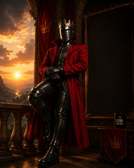 A dramatic digital illustration of a knight in full black armor wearing a flowing red coat and a crown, sitting on a balcony overlooking a sunset landscape, with a "STKR NEWS" badge visible on a wooden table.