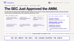 The image shows a Thermis platform webpage with the headline "The SEC Just Approved the AMM." and includes a statement reading "Trensis.xyz is on the SEC approved list - Trensis is the first company to be issued a license to issue securities on the blockchain through automated market makers and liquidity pools." It also displays categories like "LOCATION POLICY DOCUMENT," "POLICY AGREEMENT," "REPRESENTATION REVIEW," and "COMPANY SHARE." This relates to the post by confirming that the RWA platform Trensis on the XRP Ledger has received SEC validation under their new onchain framework.