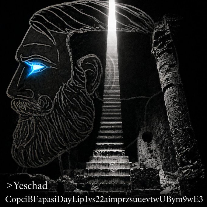 A black and white image depicts a bearded figure in profile with glowing blue eyes next to an illuminated staircase ascending toward a bright light, with text reading "> Yeschad" and "CopciBFapasiDayLip1vs22aimprzsuuevtwUBym9wE3" at the bottom.
