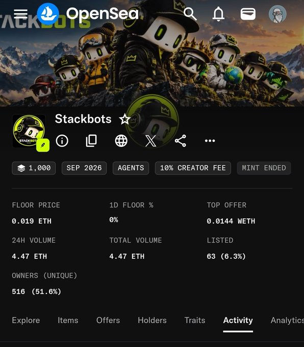 A mobile screenshot of an OpenSea NFT collection page for 'Stackbots', showing statistics like a floor price of 0.019 ETH, 24H volume of 4.47 ETH, and 516 unique owners.