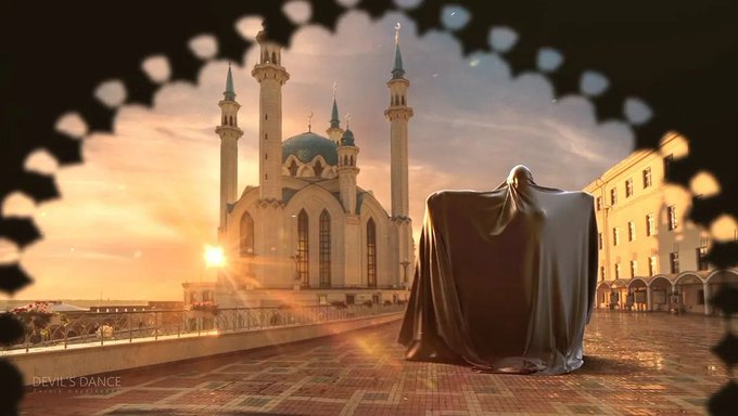 A mysterious figure draped in a black cloth stands in a plaza at sunset, facing an ornate mosque with blue domes and minarets, framed by a decorative border.