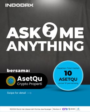 The image is a promotional graphic for an Indodax x AsetQu AMA session, featuring bold white "ASK ME ANYTHING" text on a dark background, along with the AsetQu Crypto Properti logo and a blue badge indicating "10 ASETQU Untuk 10 Pemenang" (10 ASETQU for 10 Winners). A footer notes the event is supported by Onramp.id, OVO, Jenius, and CFX, and includes "Swipe for detail," inviting users to learn more about the crypto property investment discussion with AsetQu's CMO Suryani Ahmad on September 9.