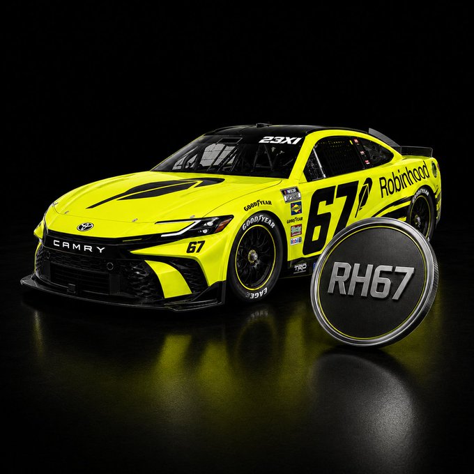 A bright neon yellow #67 Robinhood NASCAR Camry race car sits against a black background, featuring bold "67" and "Robinhood" branding across its side, with a circular "RH67" logo displayed in the foreground. The image visually captures the post's concept of merging the viral "67" meme with Robinhood's brand, transforming internet culture into a literal high-visibility race car.
