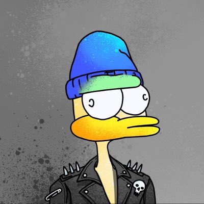 A cartoon duck character wearing a blue beanie and a black leather jacket featuring a skull badge and spiked shoulders is displayed against a splattered gray background. The image relates to the post by showcasing the "supducks" character in a stylish outfit, being adopted as a new profile picture.
