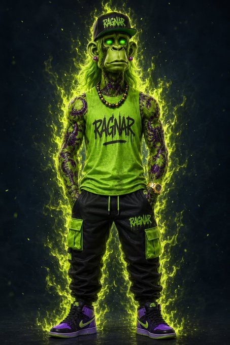 A stylized illustration of a green-skinned character wearing a 'RAGNAR' cap, green shirt, black pants, and purple sneakers, surrounded by green flames.