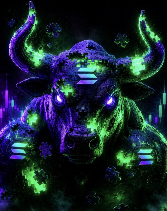 A digital art piece of a bull composed of glowing green and purple puzzle pieces with neon eyes and horns, featuring the Solana logo on its forehead and additional Solana logos in the corners.
