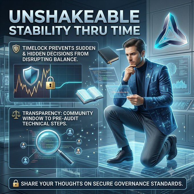 A digital graphic titled 'UNSHAKEABLE STABILITY THRU TIME' featuring a man in a suit alongside text about 'TIMELOCK PREVENTS SUDDEN & HIDDEN DECISIONS FROM DISRUPTING BALANCE' and 'TRANSPARENCY: COMMUNITY WINDOW TO PRE-AUDIT TECHNICAL STEPS', with a call to 'SHARE YOUR THOUGHTS ON SECURE GOVERNANCE STANDARDS'.