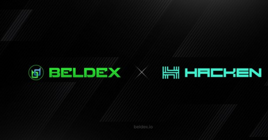 A promotional banner displaying the logos of BELDOEX and HACKEN with a '×' symbol between them on a dark background, referencing beldex.io at the bottom.