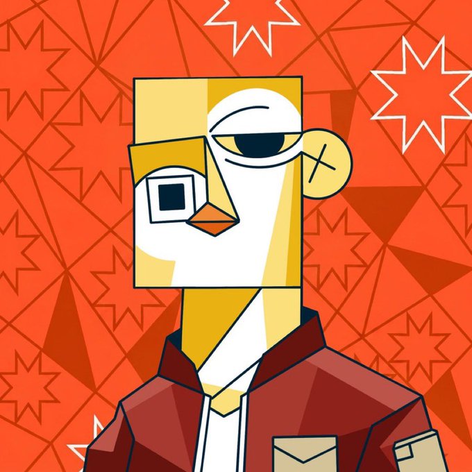 A stylized cartoon illustration features a character with a geometric, blocky yellow face and one eye covered by a black rectangle, wearing a red jacket against a vibrant orange background with starburst patterns. The image serves as promotional artwork for a "Pikka" NFT giveaway, reflecting the quirky, art-driven aesthetic of the collection being advertised.