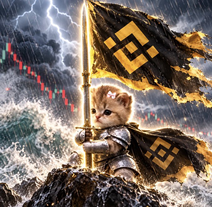 A brave kitten clad in armor stands defiantly atop a rocky peak, clutching a glowing sword and a black and gold flag bearing the BNB logo amidst a fierce lightning storm — perfectly symbolizing the post's message of weathering crypto turbulence with faith in BNB and CZ.