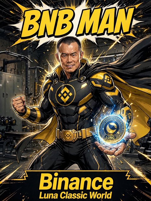 A comic book-style poster titled 'BNB MAN' featuring a muscular man in black and gold armor holding a 'LUNC' coin, branded 'Binance Luna Classic World'.