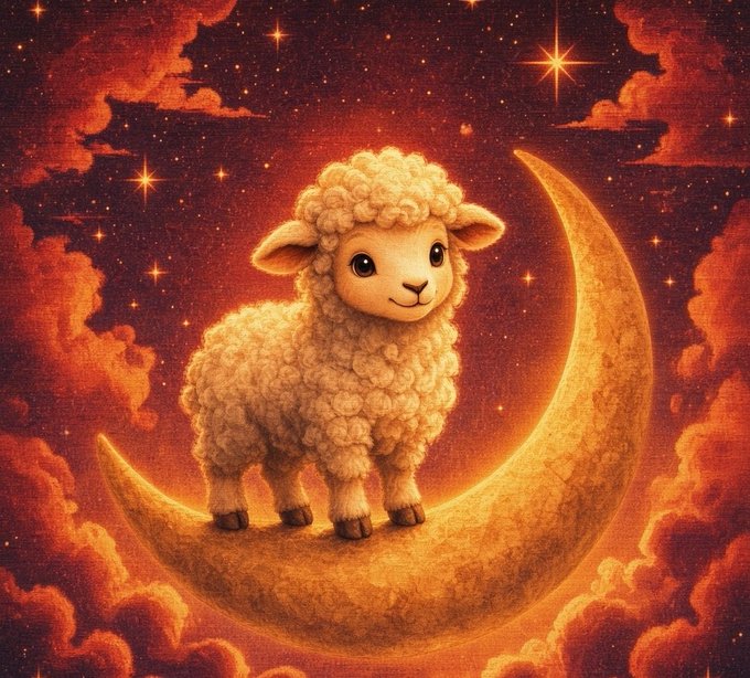 A digital illustration of a fluffy cartoon sheep standing on a golden crescent moon against a backdrop of red clouds and a starry night sky.