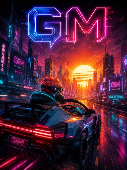 A vibrant cyberpunk illustration features a monkey wearing goggles driving a sports car through a neon-lit city at sunset, with large 'GM' letters glowing in the sky.