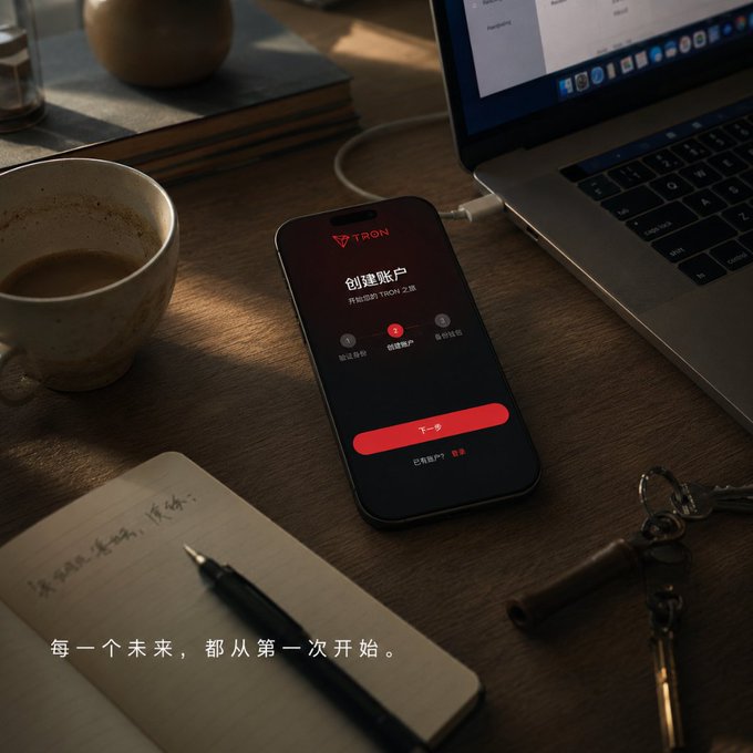 A smartphone displaying a wallet app interface with the 'TRON' logo and Chinese text sits on a wooden desk next to a coffee cup, notebook, and laptop.