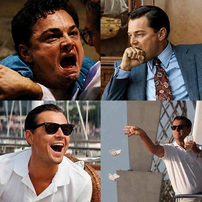 Four iconic Leonardo DiCaprio film scenes—screaming in "Wolf of Wall Street," contemplating in a suit, laughing in sunglasses, and tossing money—are paired with the caption "The 4-year cycle in cryptos" to humorously depict the emotional rollercoaster of crypto market cycles. The imagery symbolizes greed, mania, reflection, and reckless spending that mirror crypto traders' highs and lows.