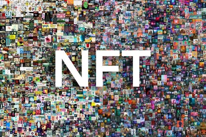 The image features a dense mosaic of hundreds of small digital art pieces with the bold white letters "NFT" prominently displayed across the center. It visually represents the vast and diverse ecosystem of NFT collections and digital assets referenced in the post about projects like Slippyclub and 0xCyberThrone building unique identities through their distinct artwork.