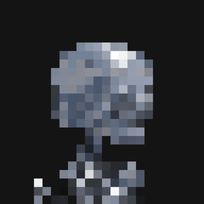 A heavily pixelated, low-resolution digital illustration of a character with a large head and blue clothing against a black background.