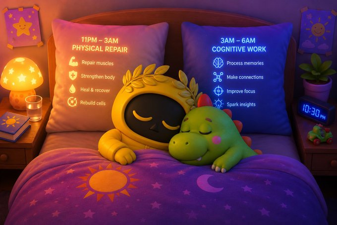 A cozy bedroom scene with pillows labeled '11PM-3AM PHYSICAL REPAIR' and '3AM-6AM COGNITIVE WORK' showing sleep benefits, with a cute robot and dinosaur plush toy.