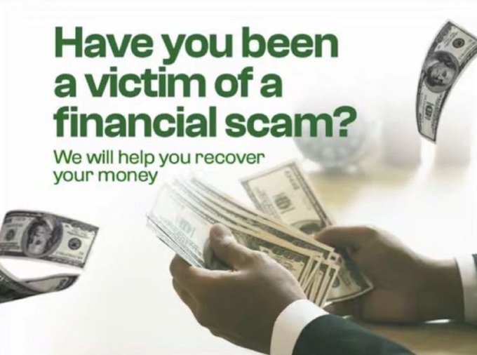 The image features a person holding up stacks of money, with the text "Have you been scammed? Hacked wallet?" above them. The background shows various stacks of money falling from the sky, creating an atmosphere of financial chaos or potential theft.