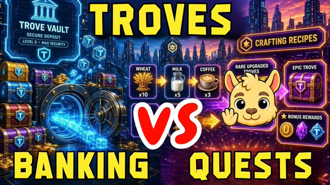A vibrant gaming thumbnail comparing 'TROVES BANKING' versus 'QUESTS', showing a vault, crafting recipes with wheat, milk, and coffee, and a cartoon alpaca mascot.