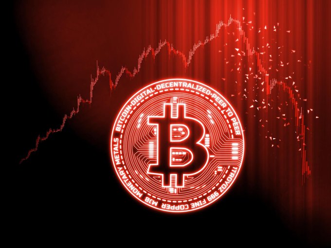 The image shows a graphic with a red, illuminated Bitcoin symbol at its center against a dark red background that represents an "URGENT" cryptocurrency market crash depicted as falling dollar charts. The Bitcoin price is currently below $64,000, indicating a significant drop in value for this digital currency.