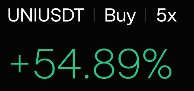 Trading interface showing 'UNI/USDT | Buy | 5x' with a large green +54.89% profit indicator.