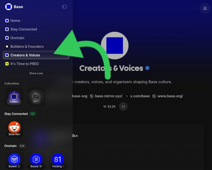 A screenshot of the Base app's "Creators & Voices" section in the sidebar menu, highlighted by a green arrow, showing a verified base.org page with 612K members and links to base.mirror.xyz and www.base.org. The image illustrates the post's message about claiming Creator roles in the Base Guild based on real X social reach, with visible tiers like "X Creator 1k+" and categories including Collectibles (Collect, NFT), Stay Connected (Base Red), and Onchain (Based, Holding).
