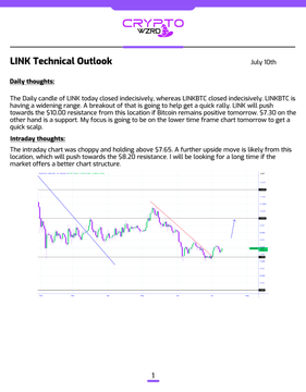 The image shows a "LINK Technical Outlook" report dated July 10th with daily and intraday thoughts analyzing LINK's price action, featuring a candlestick chart that illustrates the indecisive candle formation and downward trendline discussed in the accompanying post about $LINK needing to hold $7.65 as support for further upside.