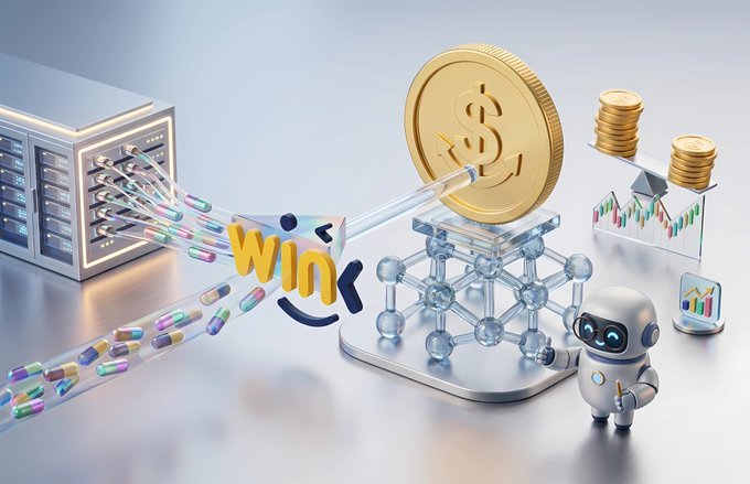 A 3D illustration shows a network cable labeled "WIN" extending from a server rack, connecting to a golden dollar coin mounted on a crystalline molecular structure, accompanied by a small robot and charts displaying stacked coins and candlestick graphs. The image visually represents the connection between financial data infrastructure and real-time asset valuation, reinforcing the post's point about the need for timestamps in collateral valuations, as the charts and coins symbolize market data that must be time-stamped to remain reliable during volatile periods.