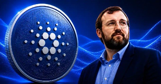 A large blue Cardano (ADA) coin is displayed next to a portrait of a man in glasses and a blue shirt, representing the cryptocurrency and its creator.