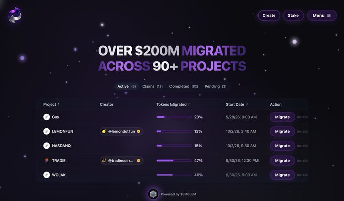 A dark-themed web dashboard titled 'OVER $200M MIGRATED ACROSS 90+ PROJECTS' shows tabs for Active, Claims, Completed, and Pending, with a list of projects including Guy, LEMONFUN, NASDANQ, TRADIE, and WOJAK, each with a Migrate button, powered by SEMILEM.