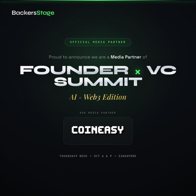 A promotional graphic for BackersStage announcing they are an Official Media Partner of Founder x VC Summit AI x Web3 Edition, with media partner Coineasy, taking place during TOKEN2049 Week Oct 6 & 9 in Singapore.