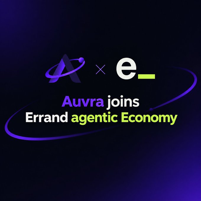 An announcement graphic with a dark purple background stating "Auvra joins Errand agentic Economy," featuring the stylized "A" logo of Auvra and the "e" logo of Errand.