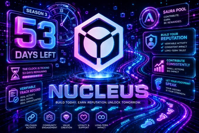 A neon-purple promotional graphic for Nucleus (Season 3) shows "53 DAYS LEFT" on a glowing countdown clock alongside the tagline "BUILD TODAY. EARN REPUTATION. UNLOCK TOMORROW." The dashboard highlights the $AURA reward pool and key pillars like "Build Your Reputation," "Verifiable Track Record," and "Long-Term Impact," visually reinforcing the post's message about contributing consistently to earn rewards before the season ends.