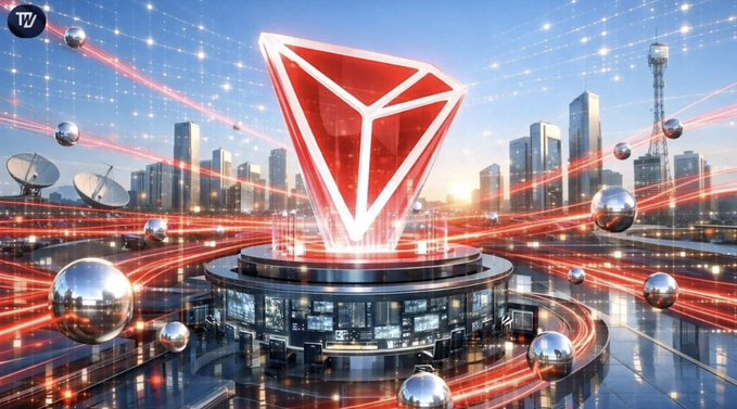 A glowing red TRON (TRX) logo hovers above a futuristic cityscape filled with digital data streams and metallic spheres, symbolizing a technical, behind-the-scenes blockchain upgrade. The high-tech, networked backdrop visually reinforces the post's message of a quiet but powerful infrastructure-level change happening "under the hood" of the TRON network.