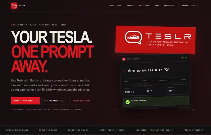 Website landing page for 'TESLR' with the headline 'YOUR TESLA. ONE PROMPT AWAY,' describing a Tesla Remote skill for Bankr and showing a chat interface demo warming a Model 3 to 72°F.