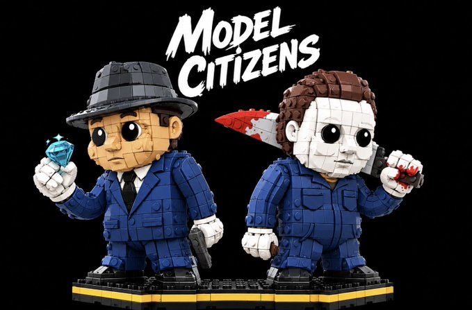 A promotional graphic for "MODEL CITIZENS" features two block-figure toys styled like characters from Pulp Fiction, dressed in blue suits and holding a blue gem and a bloody knife.