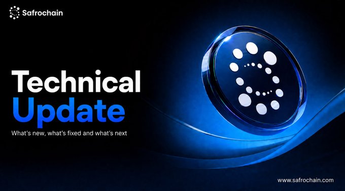 A Safrochain Technical Update banner with the tagline "What's new, what's fixed and what's next" featuring the Cardano (ADA) logo and website www.safrochain.com.
