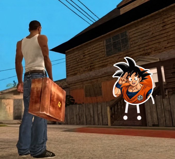 A video game character in a white tank top and jeans holds a brown briefcase on a street, facing an animated cutout of the character Goku from Dragon Ball who is making a peace sign.