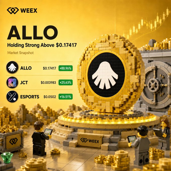 The image features a group of people standing around a large golden coin, which appears to be a Lego sculpture or model. The coin has a white hand on top, symbolizing "ALLO" as the theme for this particular scene. In front of the coin, there are two men and one woman who seem to be engaged in conversation with each other. They appear to be discussing something related to the golden coin they're standing around.

The background of the image is a yellow color, which complements the golden coin and adds visual interest to the scene. The text "Market is picking up $ALLO ?" can also be seen on the image, possibly indicating that the value of the coin has increased recently or is being discussed in relation to the market.