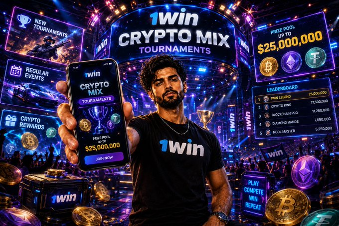 A promotional image for '1win Crypto Mix Tournaments' featuring a man holding a smartphone displaying the app, with a $25,000,000 prize pool and a leaderboard.