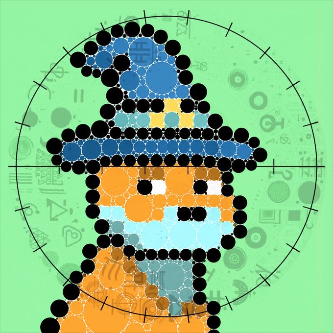 A beaded artwork of a wizard dog in a pointed blue hat and orange robe, displayed within a circular Arcane Gate dial against a green background covered in alchemical symbols, marking Wizard Doginal Dog #1841's 22/7 Pi Approximation Day celebration.