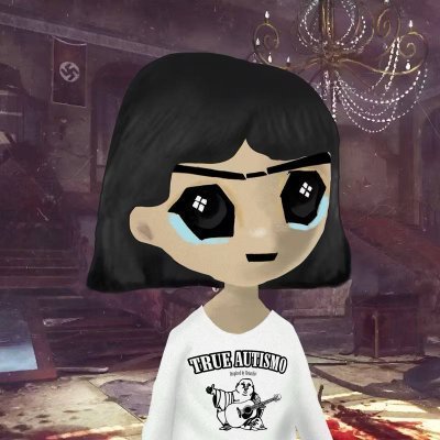 A 3D animated character with a black bob haircut, large crying eyes, and a white shirt reading 'TRUE AUTISMO' stands in a dark room with chandeliers.