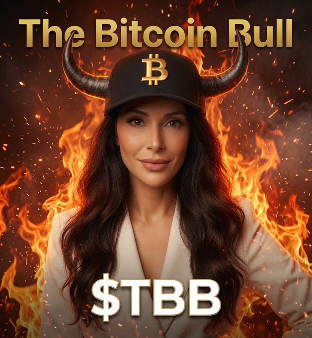A promotional graphic titled 'The Bitcoin Bull' featuring a woman wearing a black cap with a Bitcoin logo and horn-like attachments, set against a fiery background with the text '$TBB' at the bottom.