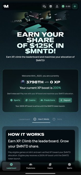 A mobile app screen promoting a token launch, displaying "EARN YOUR SHARE OF $125K IN $MNTD!" with user stats "3798TH" and navigation tabs for Sports, Casino, and Predictions.